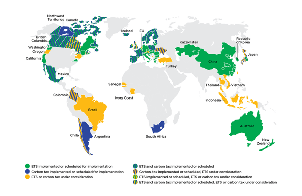Figure 2: Worldwide carbon pricing initiatives. Source: World Bank – State and Trends of Carbon Pricing 2020